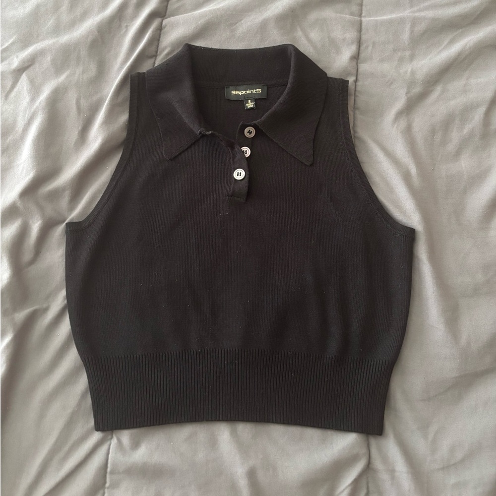 Black Ribbed Crop Polo Tank